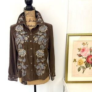 J.Jill Brown Corduroy Floral Button Up Top Sz SP